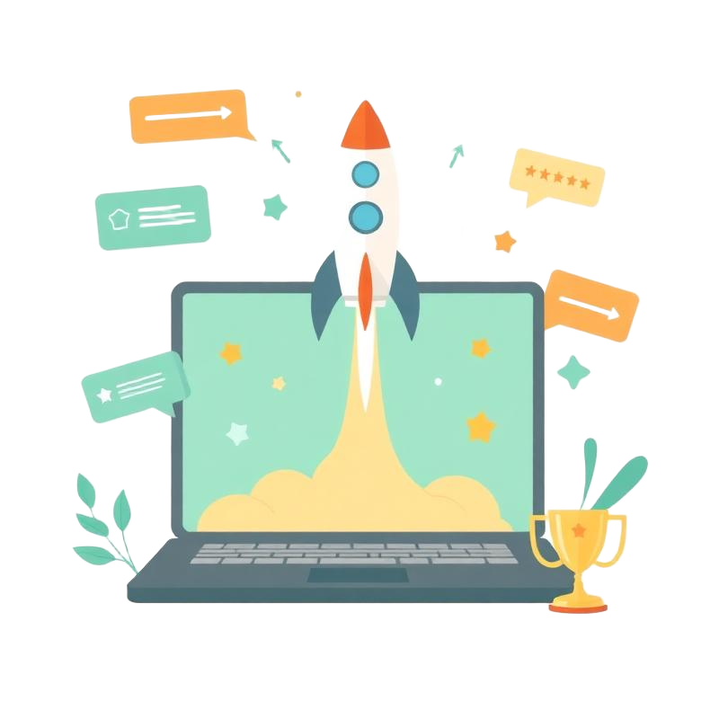 Product Hunt launch promotion service illustration showing rocket launch with upvotes and engagement