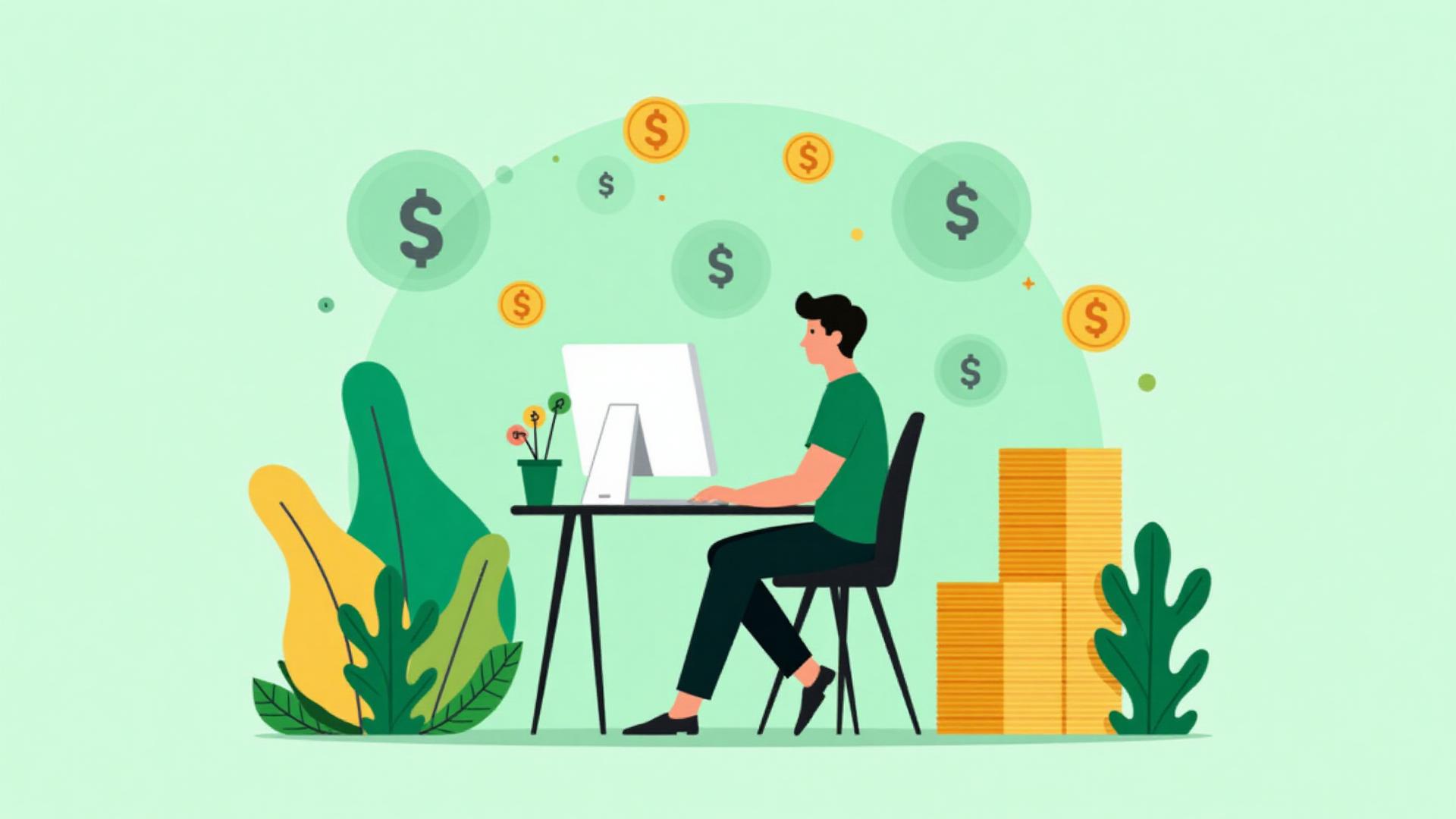 Person earning money online at desk with laptop and floating dollar coins