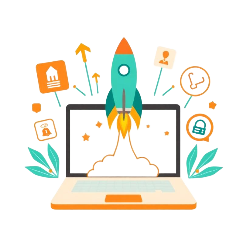 Product Hunt launch promotion illustration showing a rocket launching from a laptop with engagement metrics
