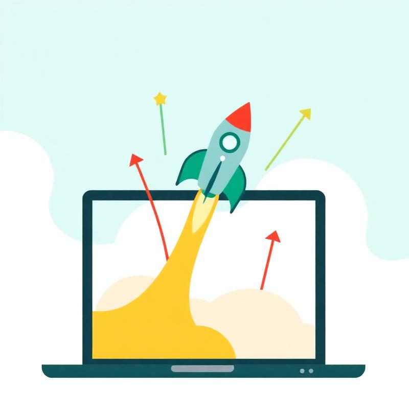 Product Hunt launch illustration showing a rocket launching from a laptop