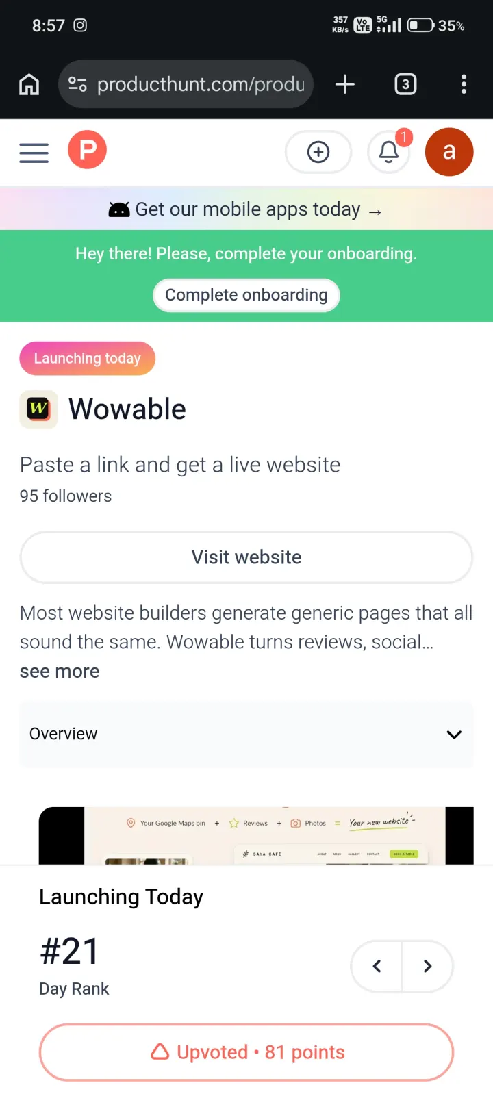 Mobile Product Hunt proof showing Wowable upvoted with 81 points