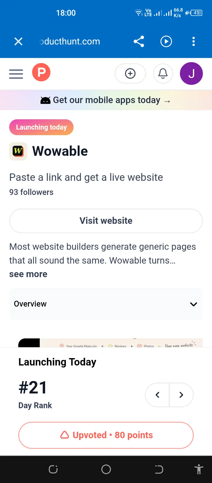 Mobile Product Hunt proof showing Wowable upvoted with 80 points