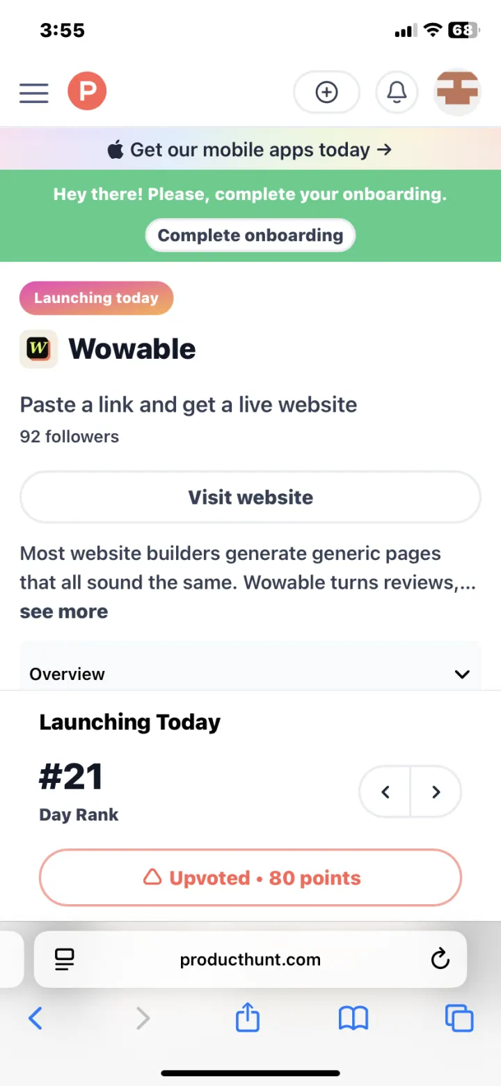 iPhone Product Hunt proof showing Wowable upvoted with 80 points