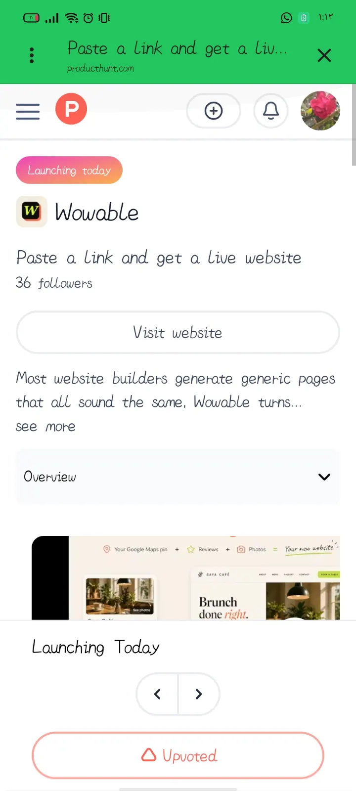Mobile Product Hunt proof showing the Wowable launch upvoted