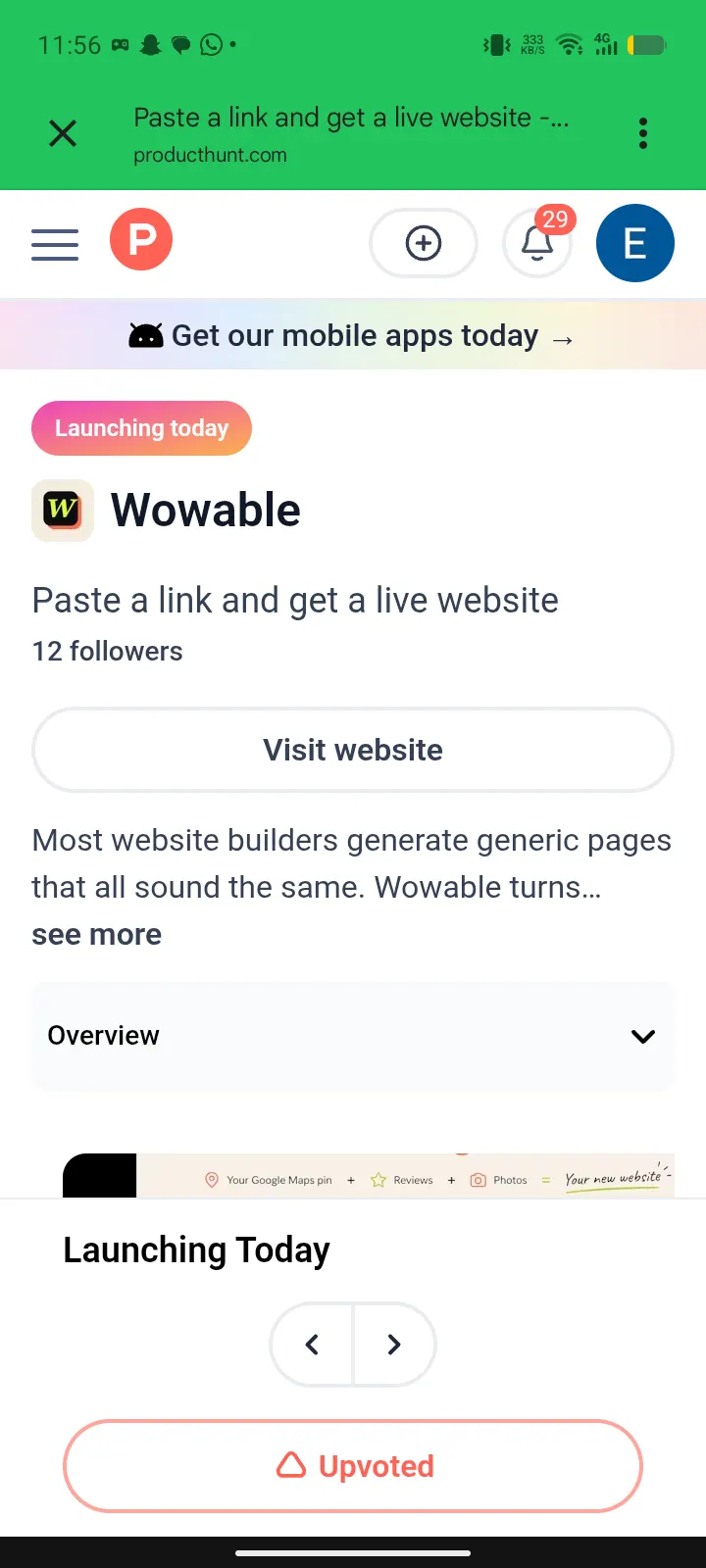 Mobile Product Hunt proof showing the Wowable launch upvoted