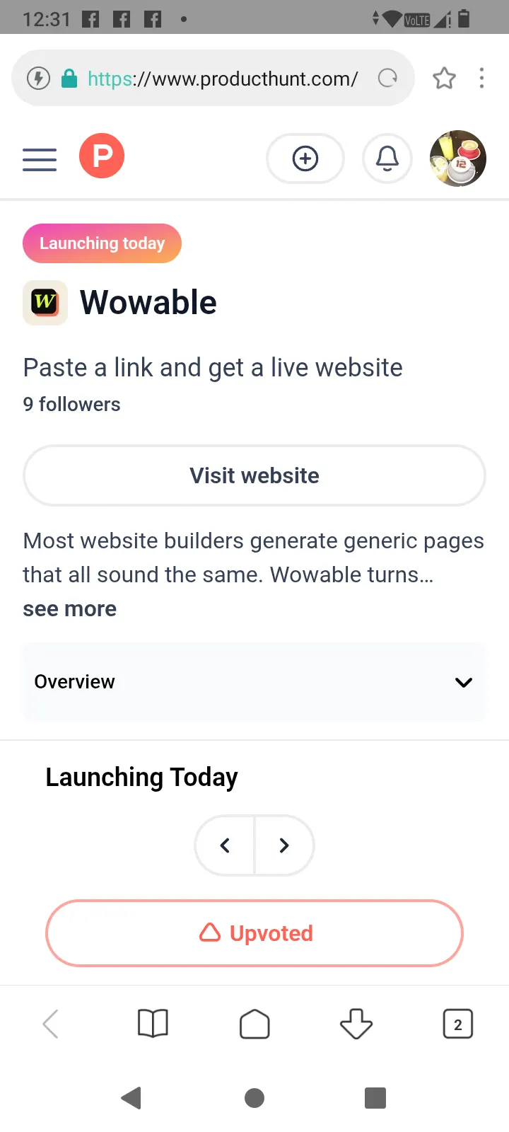 Mobile Product Hunt proof showing the Wowable launch upvoted