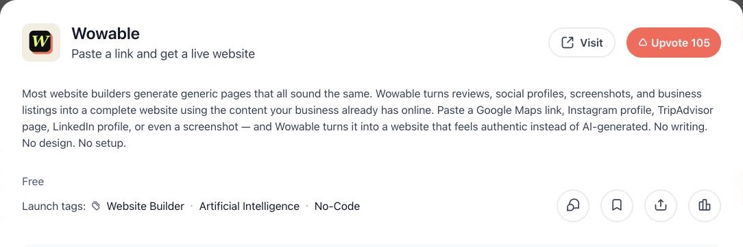 Public Wowable Product Hunt launch page showing 105 visible upvotes